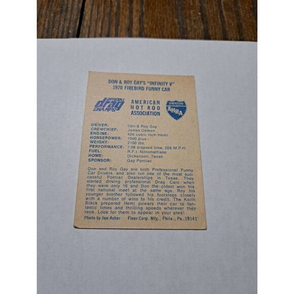 Vintage 1971 Don & Roy Gays Firebird Funny Car Race Car Fleer Trading Cards - Picture 3 of 3